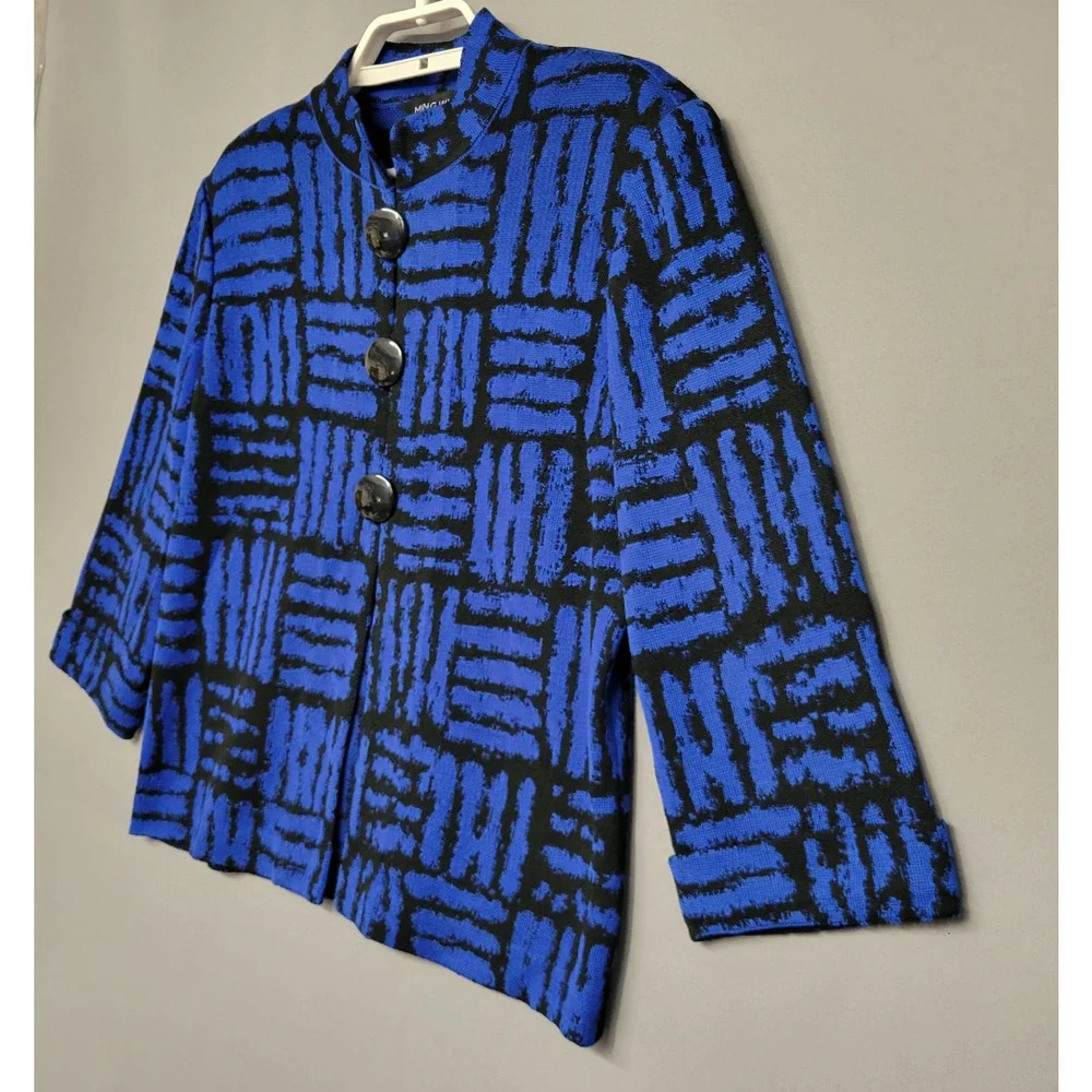 Ming Wang Knitted Cardigan Womens Small Blue Mandarin‎ Collar Geometric Corpcore